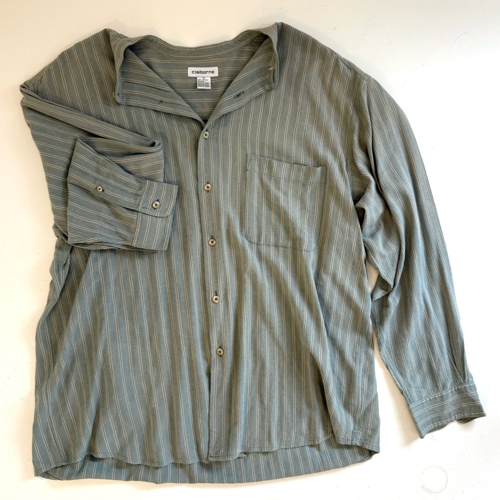 Claiborne Green Striped Collarless Button Down